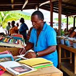 **A bustling Saint Lucian marketplace, showcasing local artisans and their crafts. Bright Caribbean colors dominate, with media representatives (journalist with a notepad, a photographer with a camera) interviewing artists about their work and the importance of preserving cultural heritage.**