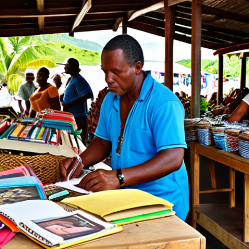 **A bustling Saint Lucian marketplace, showcasing local artisans and their crafts. Bright Caribbean colors dominate, with media representatives (journalist with a notepad, a photographer with a camera) interviewing artists about their work and the importance of preserving cultural heritage.**