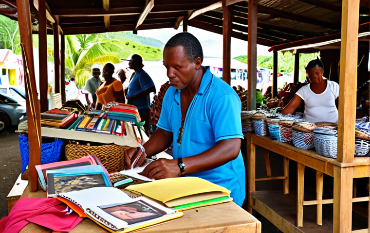 **A bustling Saint Lucian marketplace, showcasing local artisans and their crafts. Bright Caribbean colors dominate, with media representatives (journalist with a notepad, a photographer with a camera) interviewing artists about their work and the importance of preserving cultural heritage.**