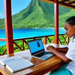 A focused university student, gender-neutral, wearing a modest, light professional shirt and neat trousers, is engaged in deep study on a shaded outdoor veranda of a modern university building in Saint Lucia. A laptop and textbooks are open on a clean, wooden table. In the soft-focus background, lush tropical foliage and glimpses of the calm turquoise ocean suggest the unique Caribbean setting. The scene conveys dedication and a serene academic atmosphere. Perfect anatomy, correct proportions, natural pose, well-formed hands, proper finger count, natural body proportions, fully clothed, appropriate attire, modest clothing, safe for work, appropriate content, professional photography, high quality, professional.