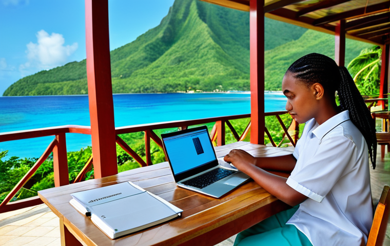 A focused university student, gender-neutral, wearing a modest, light professional shirt and neat trousers, is engaged in deep study on a shaded outdoor veranda of a modern university building in Saint Lucia. A laptop and textbooks are open on a clean, wooden table. In the soft-focus background, lush tropical foliage and glimpses of the calm turquoise ocean suggest the unique Caribbean setting. The scene conveys dedication and a serene academic atmosphere. Perfect anatomy, correct proportions, natural pose, well-formed hands, proper finger count, natural body proportions, fully clothed, appropriate attire, modest clothing, safe for work, appropriate content, professional photography, high quality, professional.